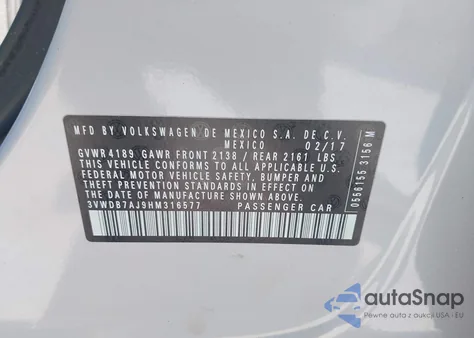 2017 Volkswagen Jetta 1.4T Se z USA, uszkodzony, nr VIN 3VWDB7AJ9HM316577